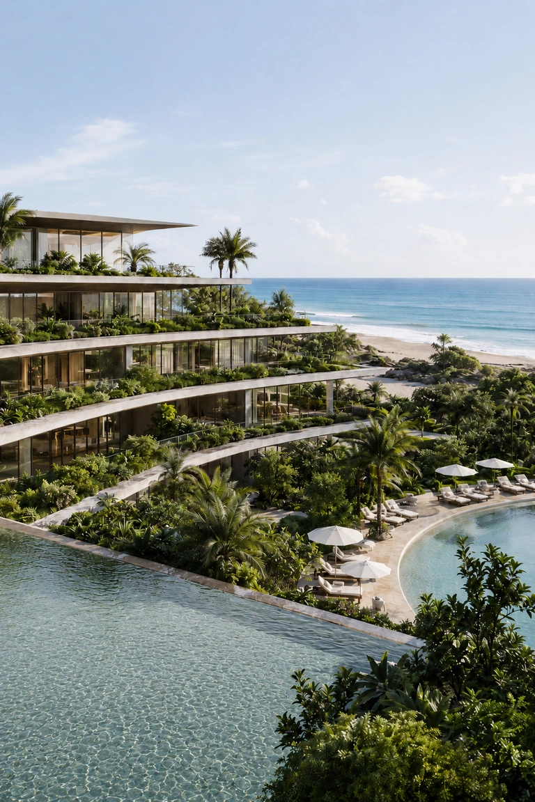 Hotel premium nad oceanem z basenem i zielonymi tarasami