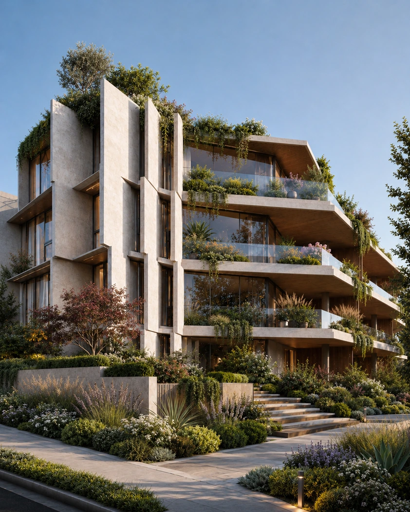 Nowoczesny hotel z zielonymi tarasami i ogrodem